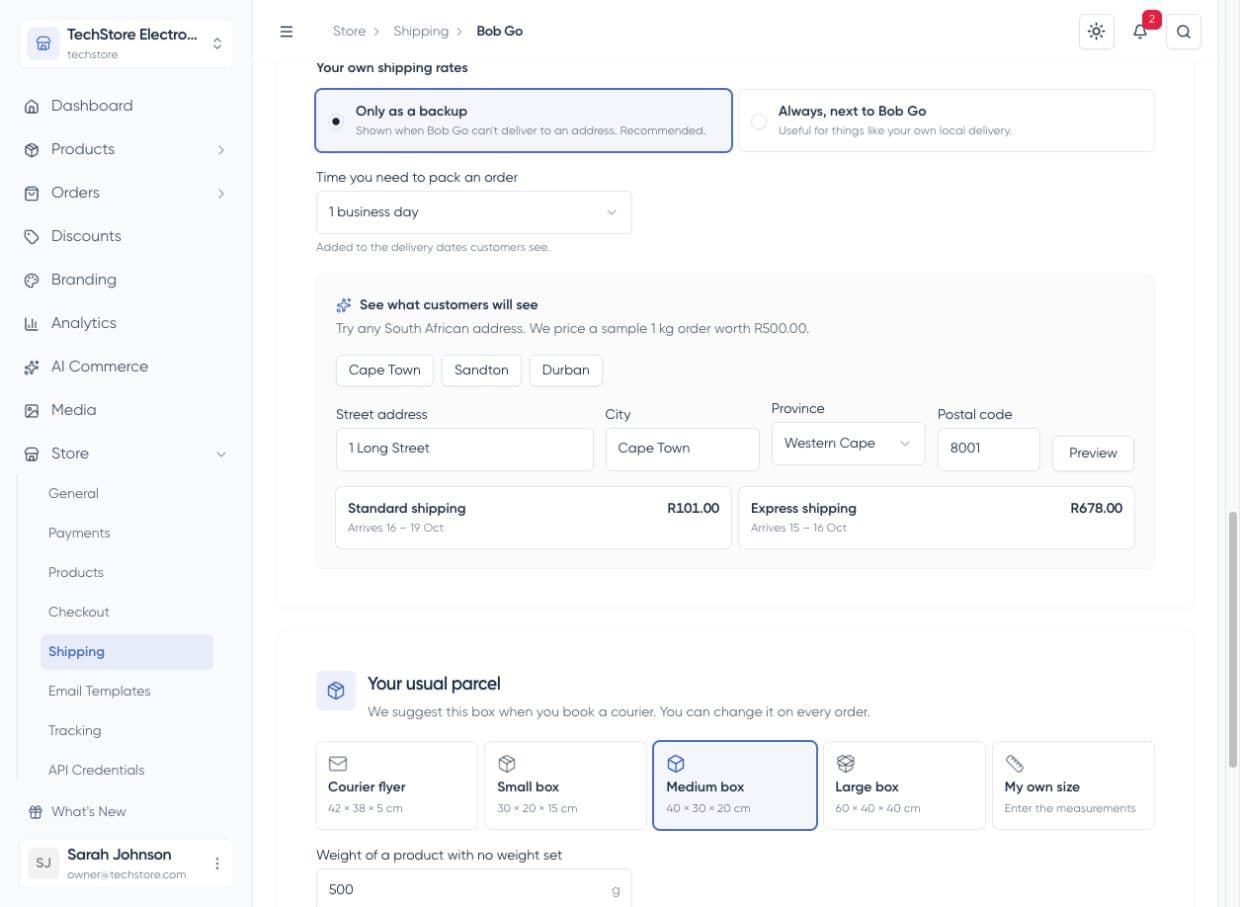 Bob Go checkout settings with backup rates, packing time, and address preview