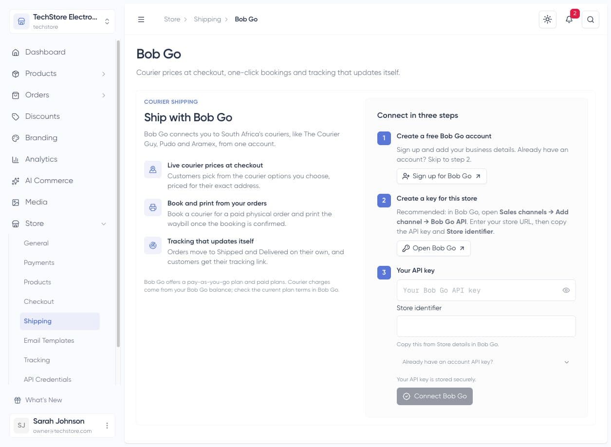 Shopstar Go connection form with API key and Store identifier fields