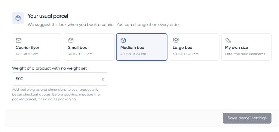 Usual parcel settings with box choices and fallback product weight