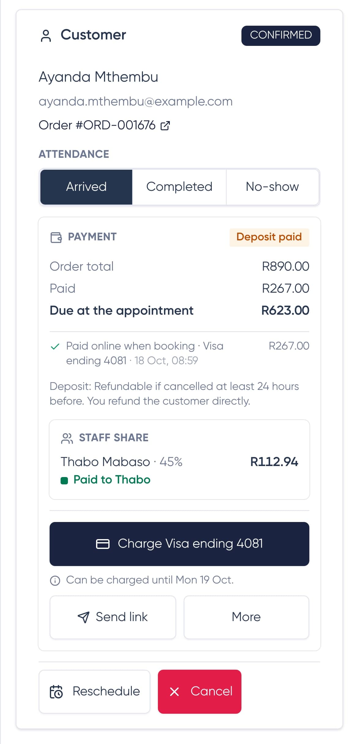 A booking marked Arrived on a phone, with a Payment section showing R623.00 due and a Charge Visa ending 4081 button