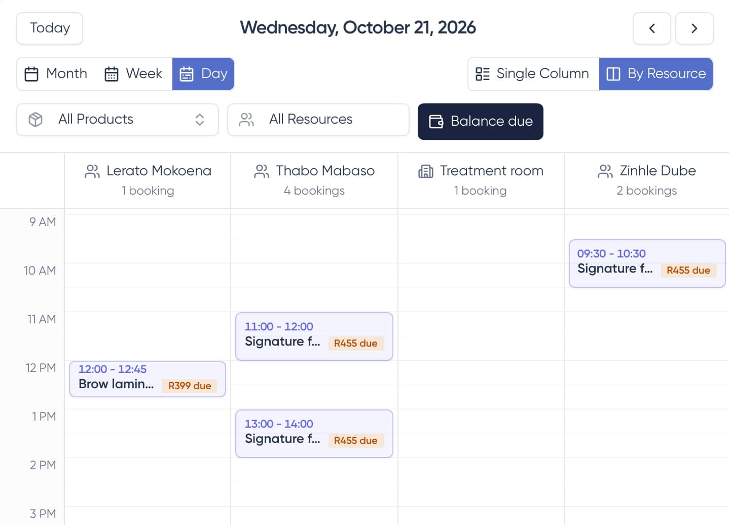 Bookings calendar in Day view with the Balance due filter on and badges like R455 due on bookings with money still to collect
