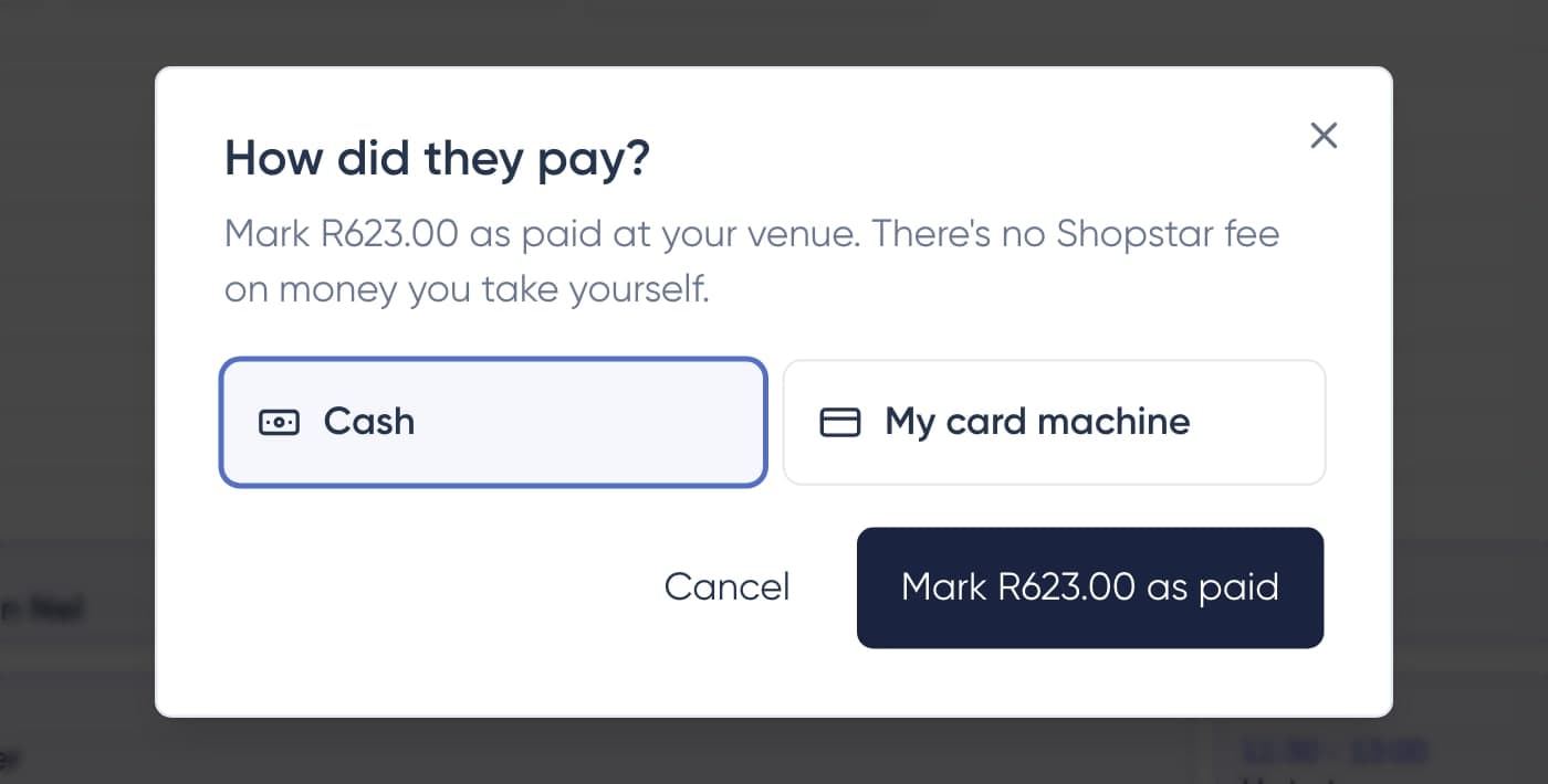 How did they pay? dialog with Cash and My card machine options and a Mark R623.00 as paid button