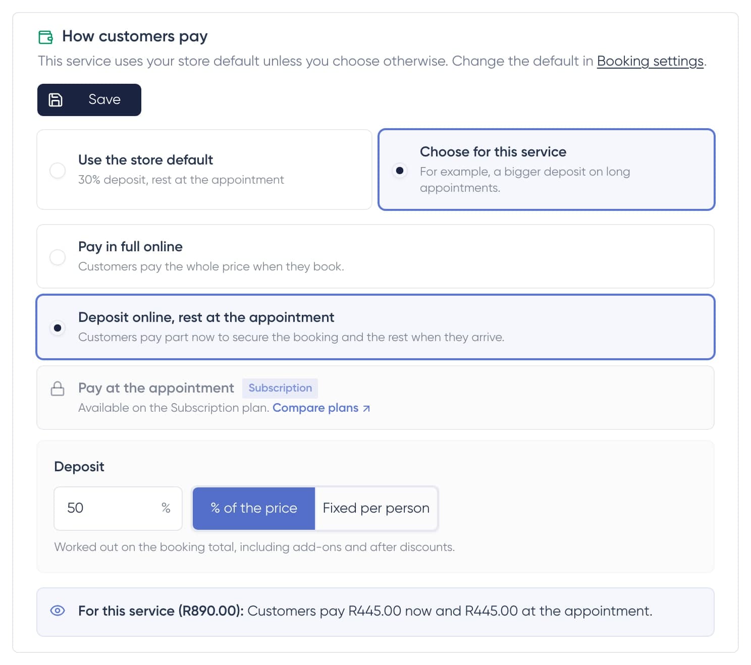 A service's How customers pay section set to Choose for this service with a 50% deposit