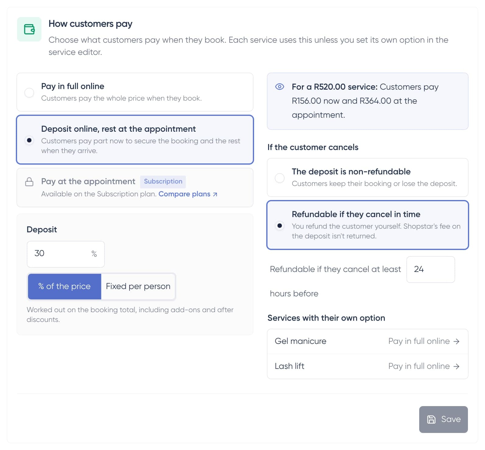 How customers pay settings with a 30% deposit, a deposit refundable up to 24 hours before, and a preview of what customers pay