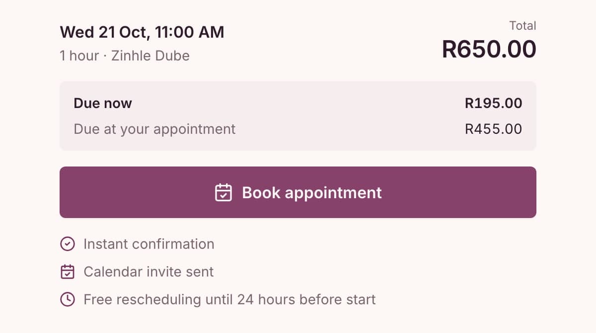 Booking summary on a service page with the total, Due now and Due at your appointment