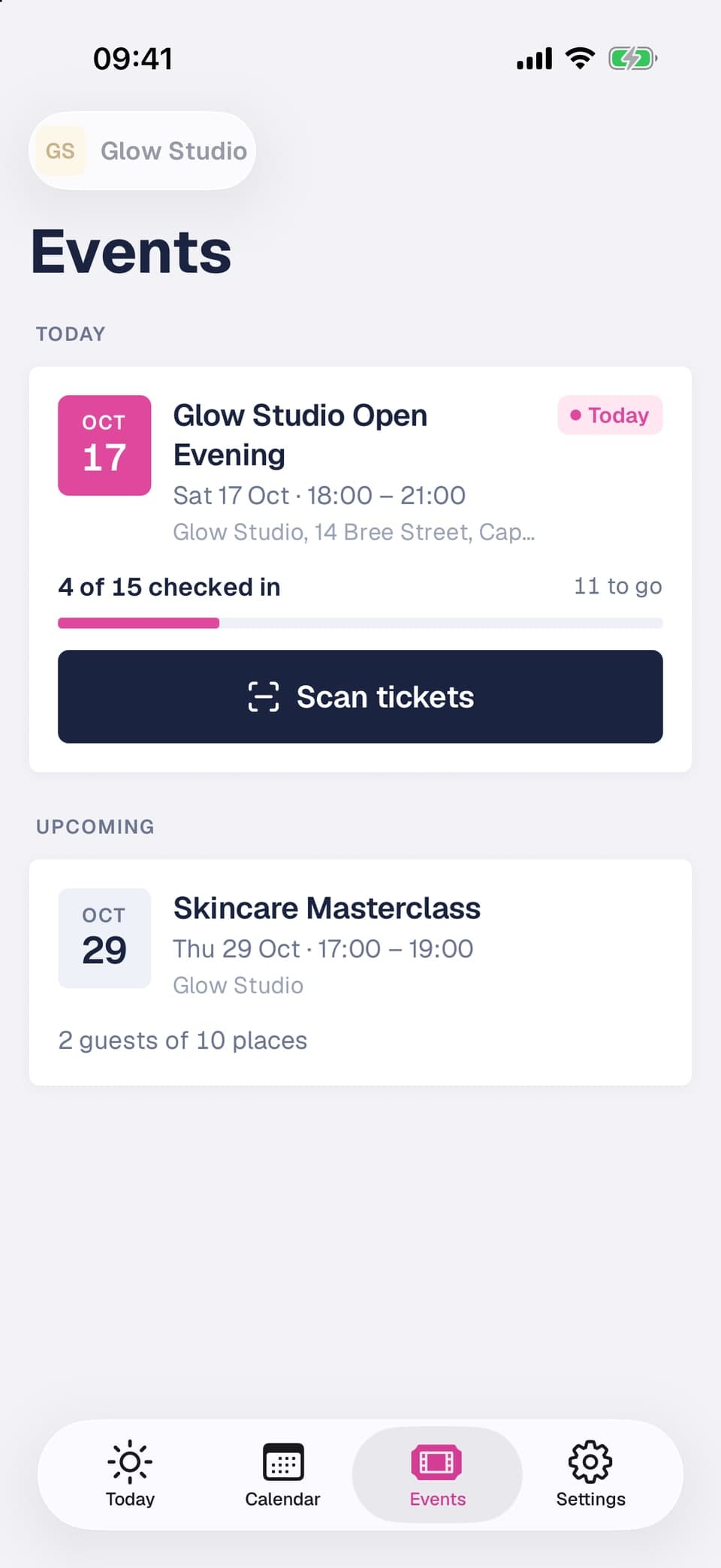 Front Desk Events tab with today's event, its check-in progress and a Scan tickets button
