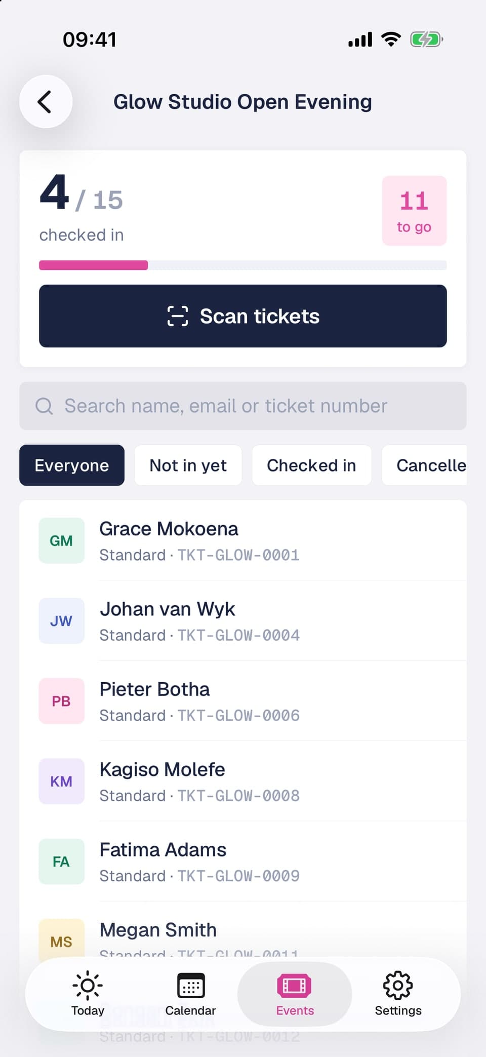 Guest list for an event with the check-in count, search field, filters and ticket numbers