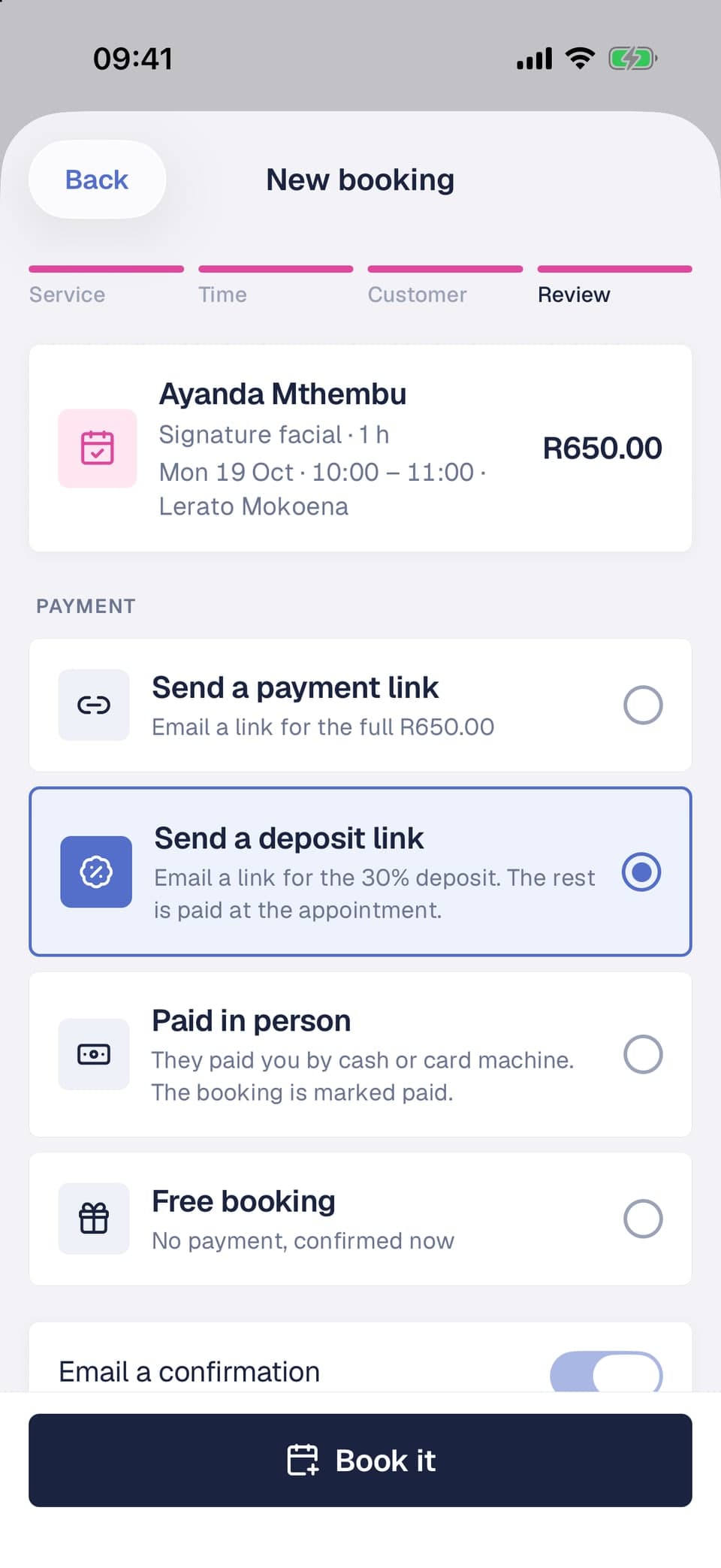 Review step of a new booking in Front Desk with the four payment options