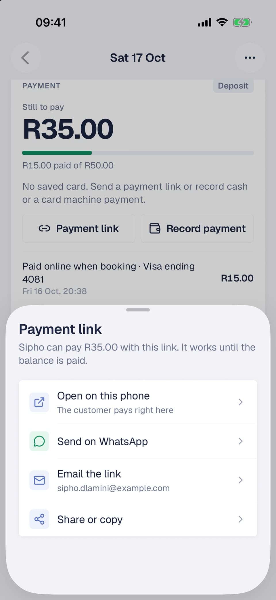 Payment link sheet with options to open it on this phone, send it on WhatsApp, email it, or share it