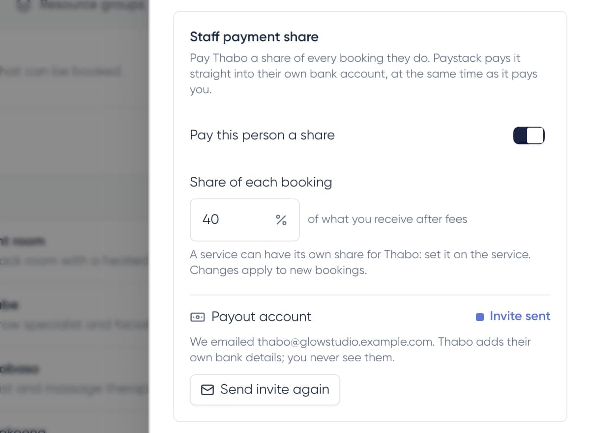 Staff payment share with the payout account status Invite sent and a Send invite again button