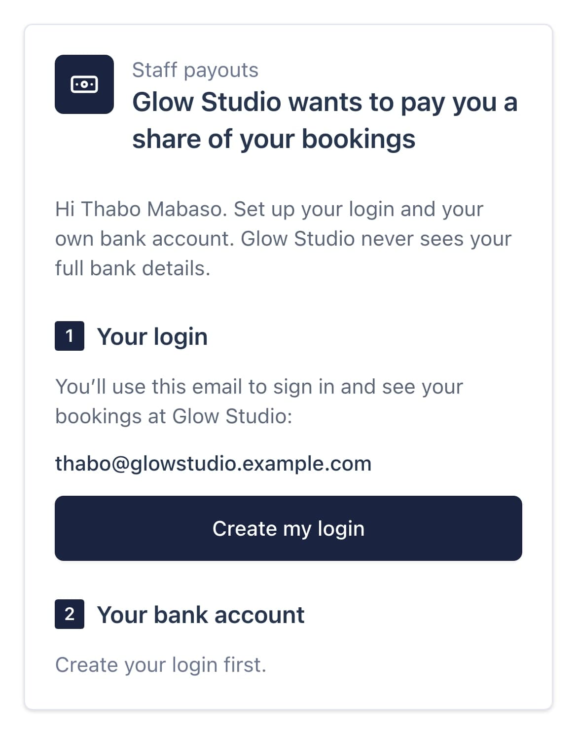 Staff payout invite page on a phone with a Your login step and a Your bank account step