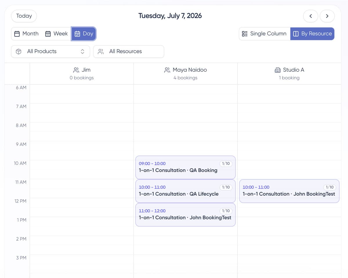 A Shopstar day calendar split between a team member and a studio, with bookings in separate resource columns.