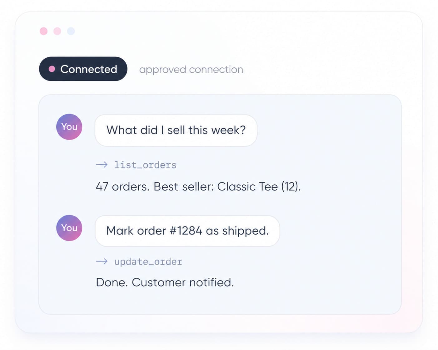 A connected AI assistant using approved Shopstar order tools in a conversation.