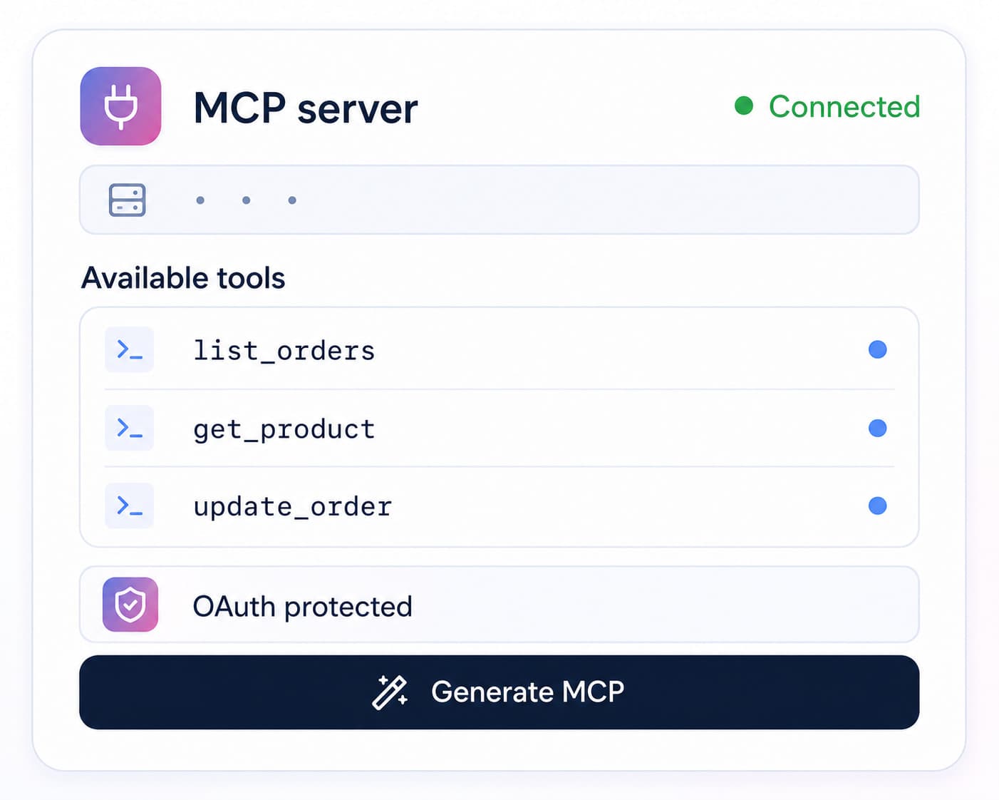 A connected OAuth-protected MCP server exposing approved Shopstar tools.
