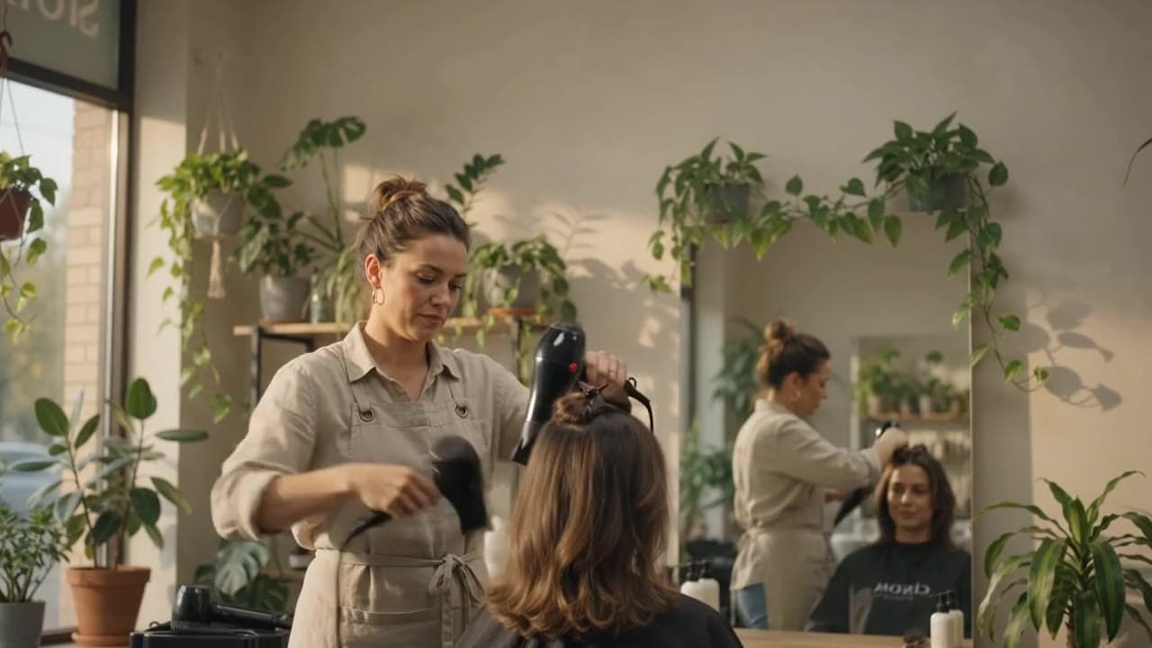 A hairdresser styles a client's hair in a bright, plant-filled salon.
