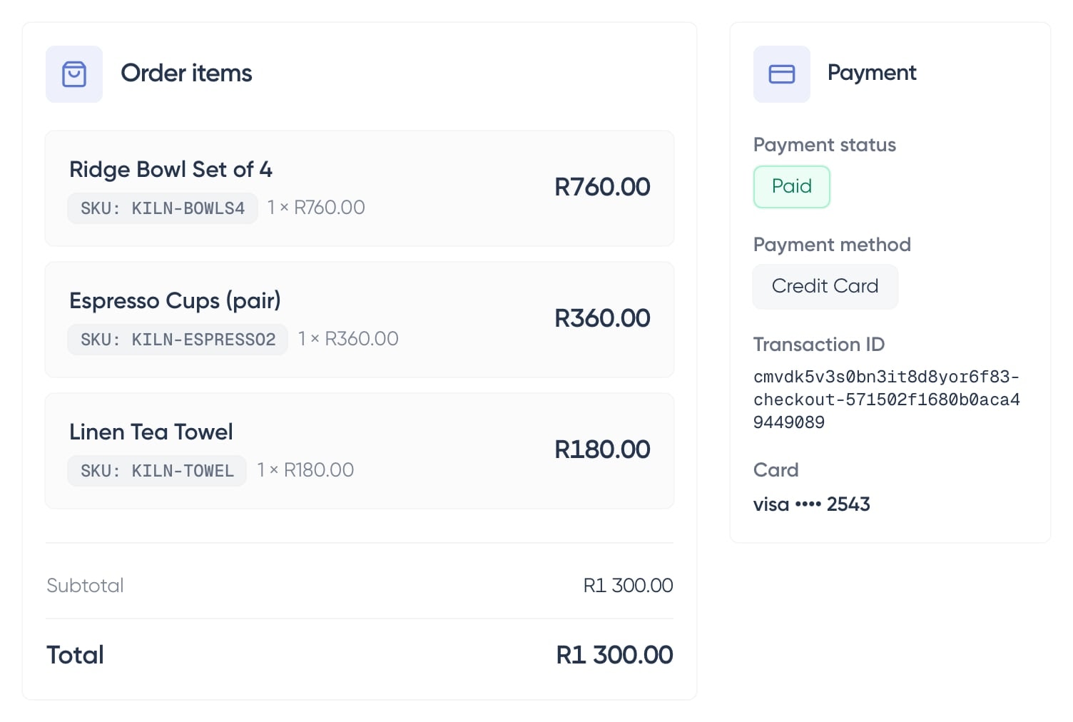 A paid Kiln & Co. order in Shopstar: the pieces and total beside the card payment that paid for them.