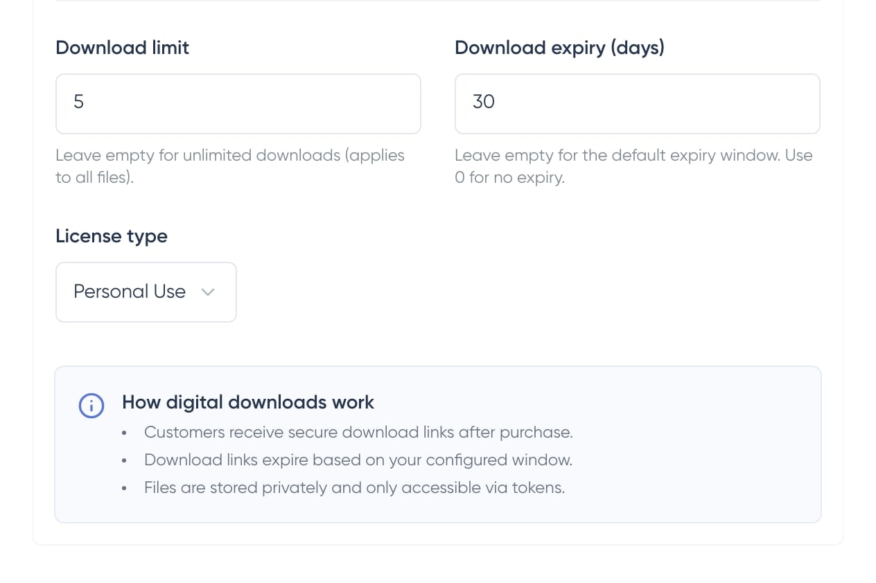 The Golden Hour Preset Pack in the Shopstar dashboard: a private file with a five-download limit, links that expire after 30 days and a personal-use licence.