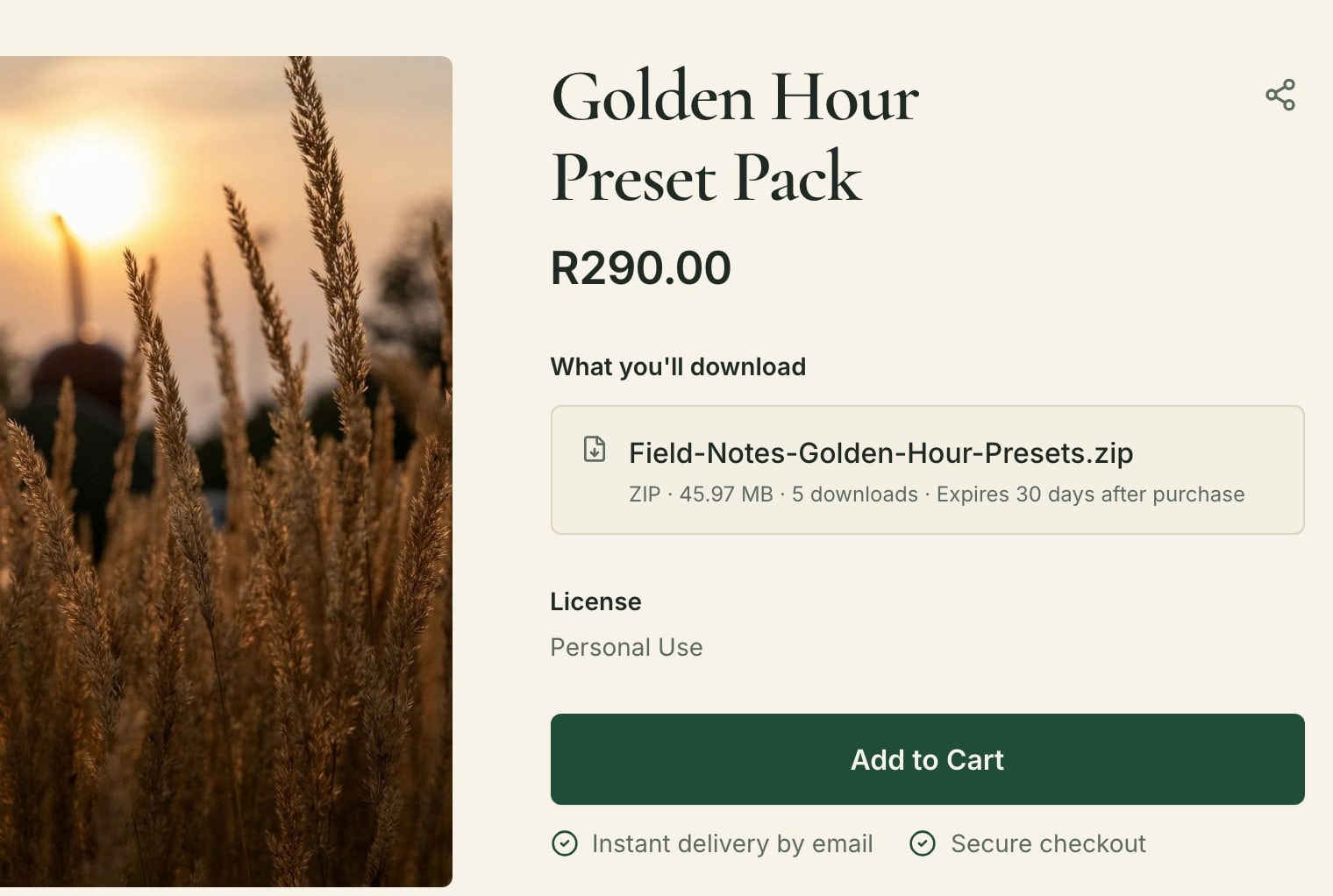 The Golden Hour Preset Pack on the Field Notes storefront: the photo, the price, the file you will download, instant delivery by email and Add to Cart.