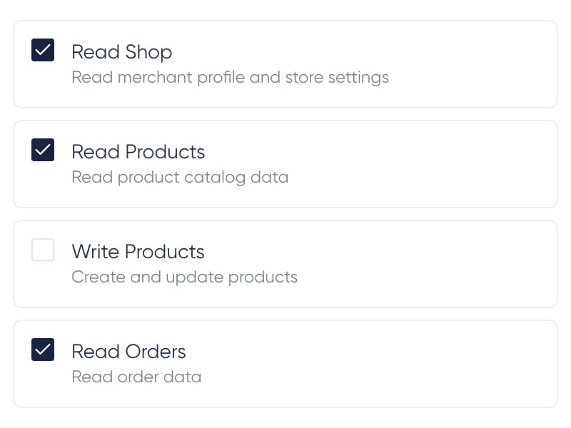 Choosing what an AI assistant may do in Shopstar: read the shop, products and orders, but not change products.