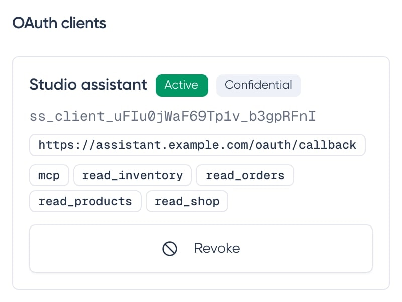 An AI assistant connected to Kiln & Co. through Shopstar’s MCP server, with the scopes it was granted.
