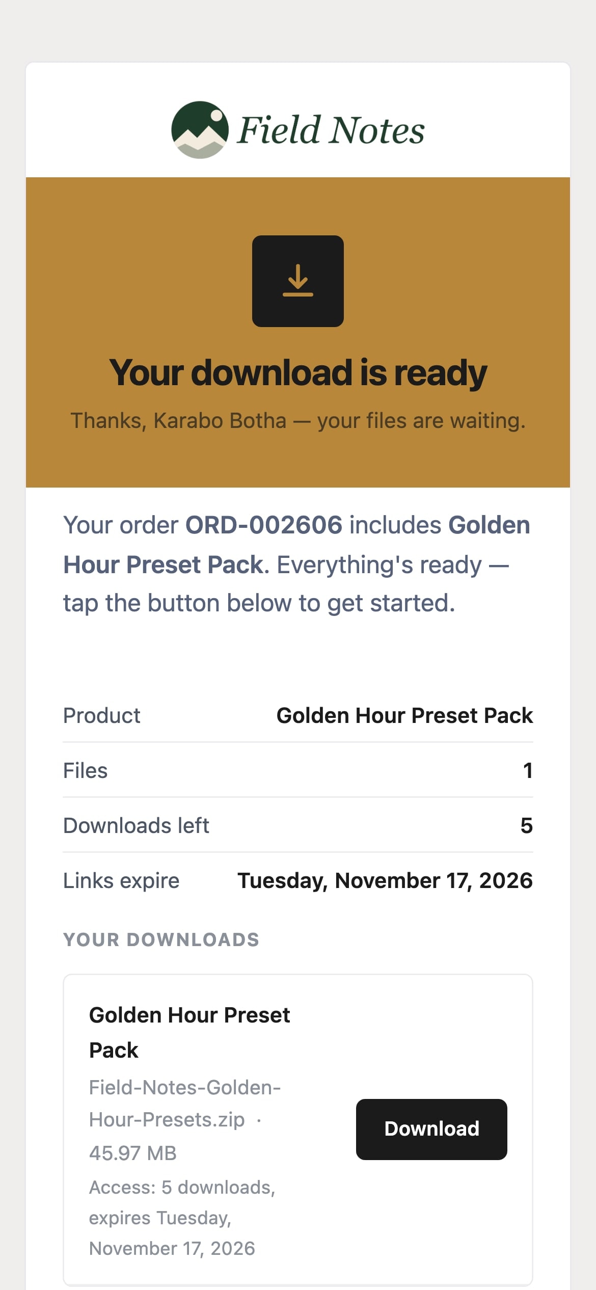 The Field Notes download email on a phone: “Your download is ready”, the order, downloads left and link expiry, and the preset pack with its Download button.