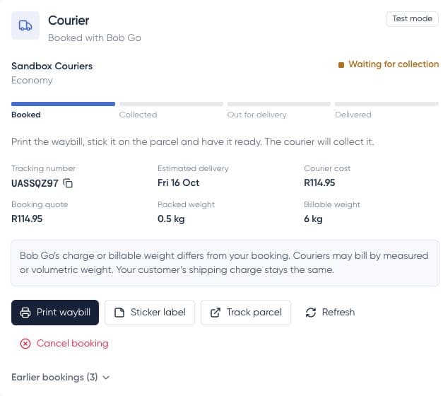 Confirmed Bob Go booking with tracking and label printing controls