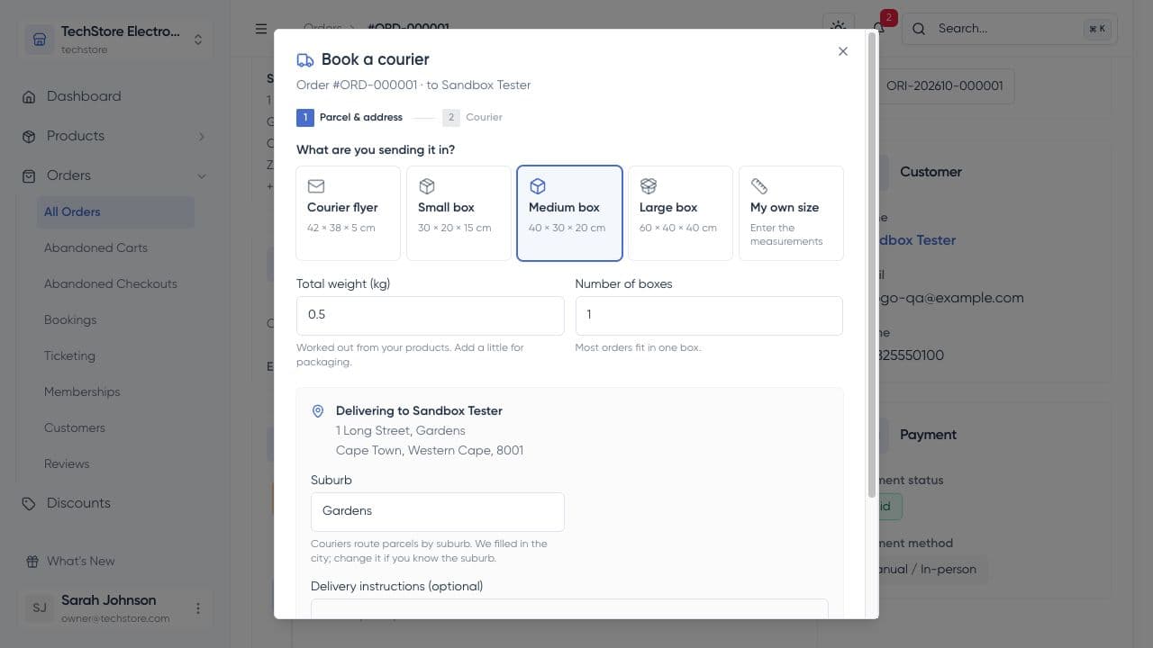Book a courier dialog showing package, weight, box count, and delivery details