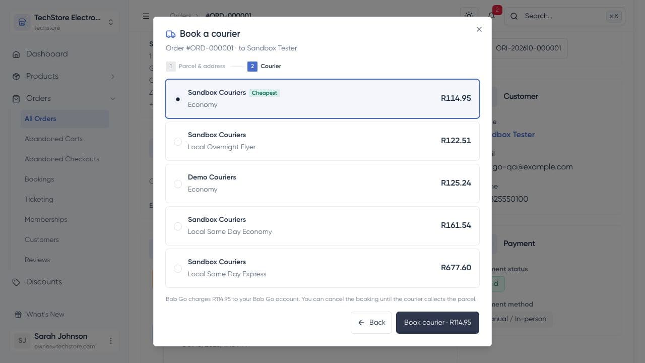 Courier choices and booking price in the Bob Go booking dialog