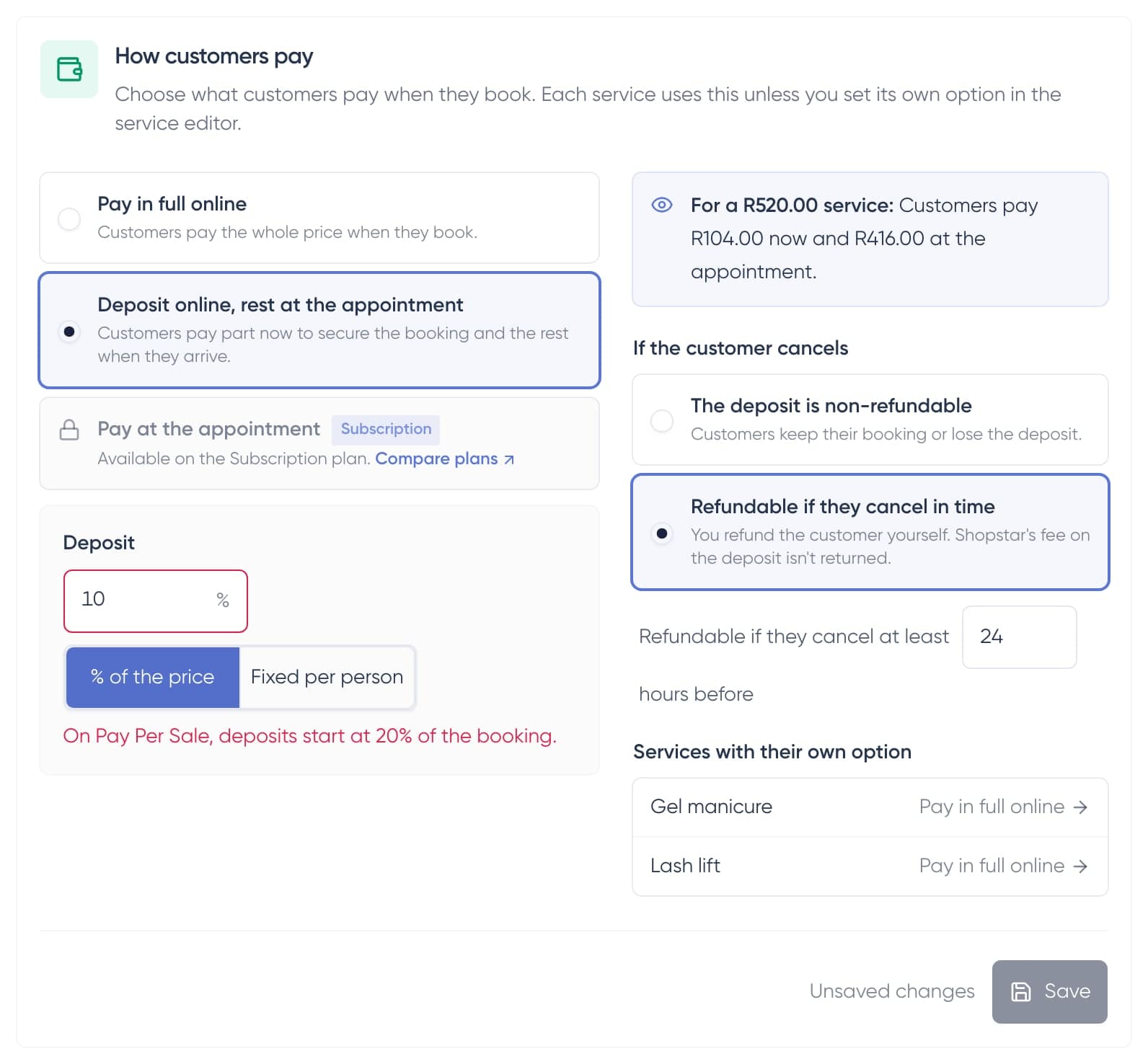 Booking payment options on Pay Per Sale with Pay at the appointment locked and a message that deposits start at 20%