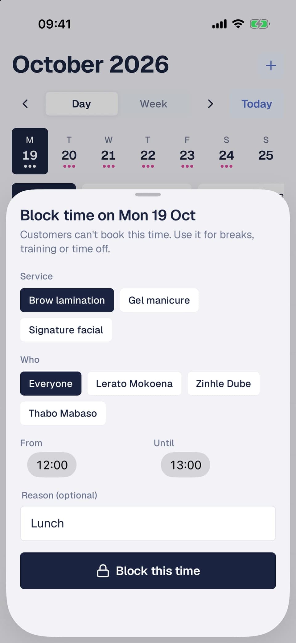 Block time sheet with service, staff member, start and end time and a reason