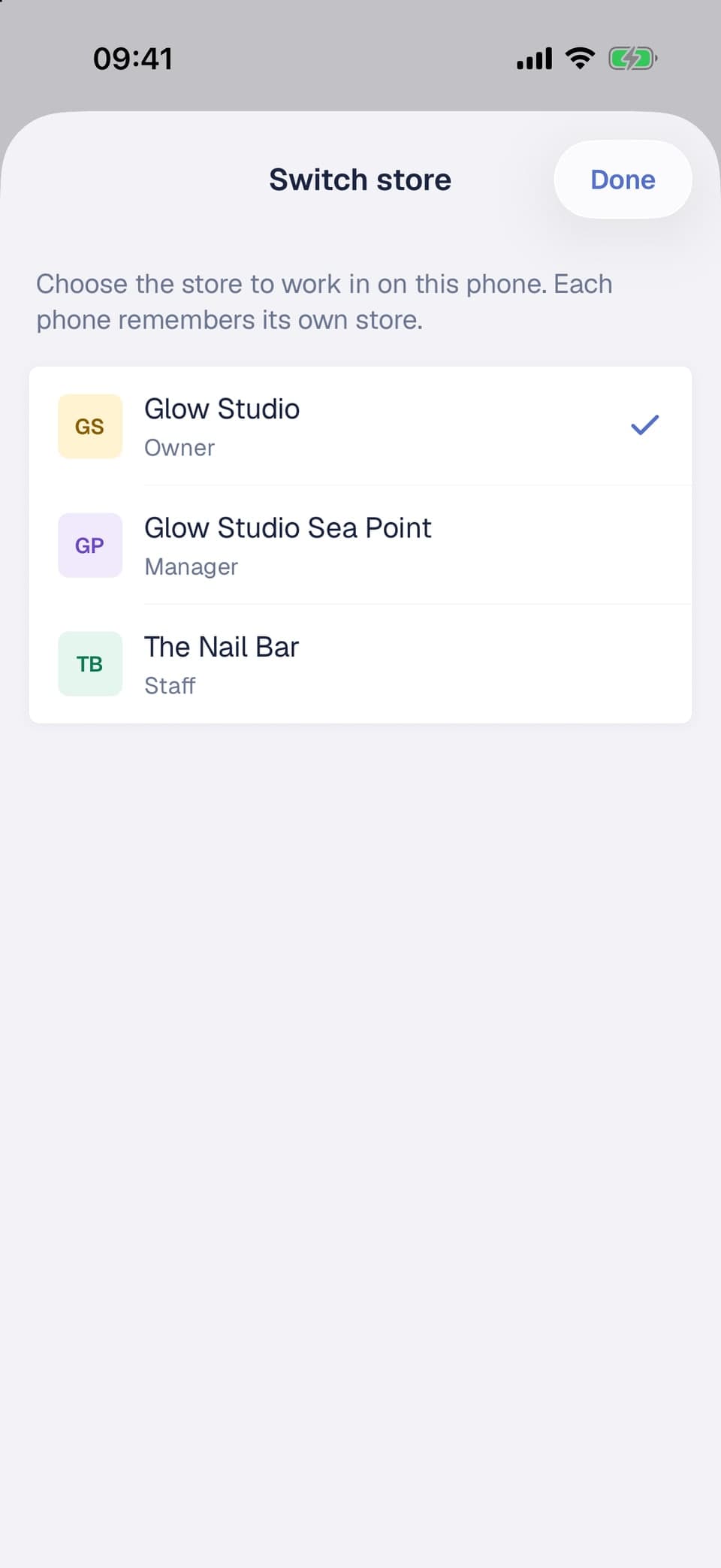 Switch store screen in Front Desk listing three stores with the role in each