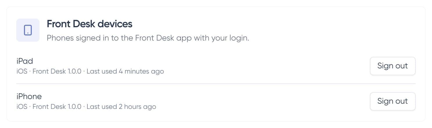 Front Desk devices on the Account page listing an iPad and an iPhone, each with a Sign out button