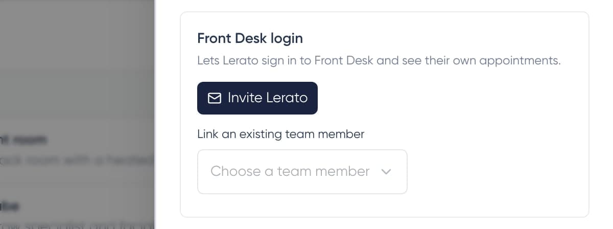 Front Desk login card on a staff member with an Invite button and a list to link an existing team member