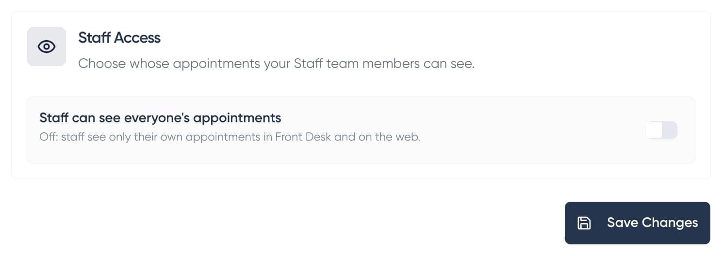 Staff Access setting with the Staff can see everyone's appointments switch turned off
