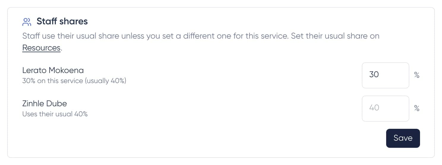 Staff shares on a service, with one staff member on 30% for this service and another on their usual 40%