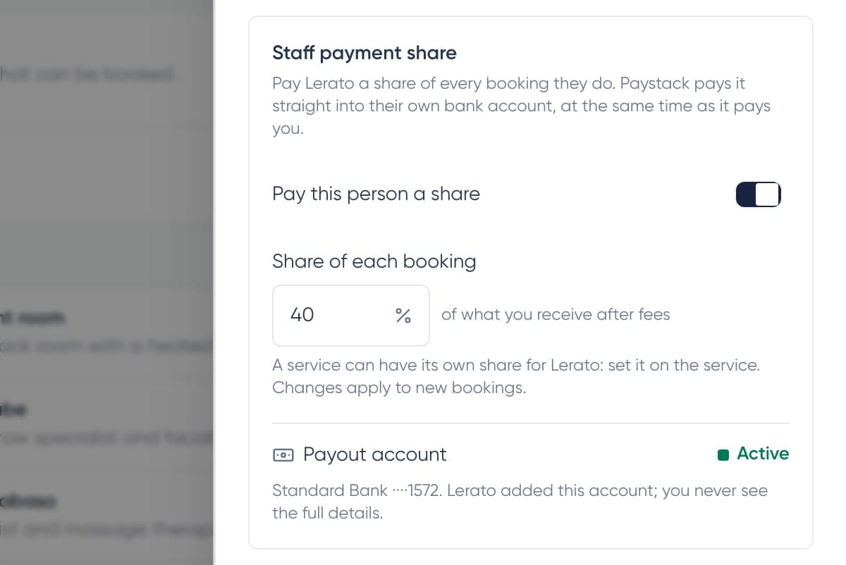 A staff member's details with Pay this person a share turned on, a 40% share and an active payout account